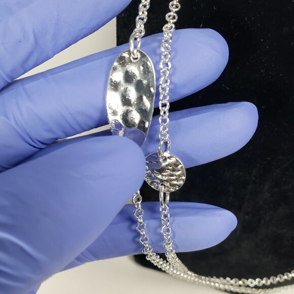 Polished 40" Silver tone Layered Textured, Hammered Discs Hoops Long Necklace - Picture 6 of 9